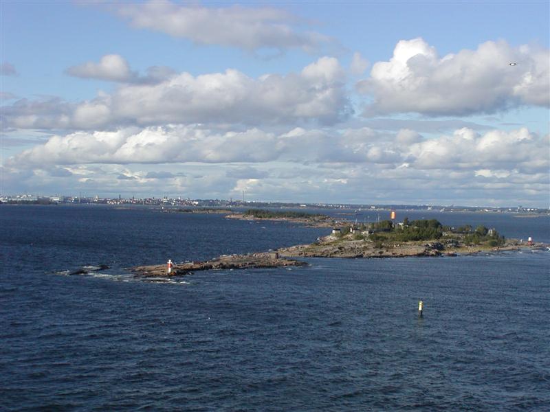 Helsinki in the distance and rocky islands reaching far into the sea.